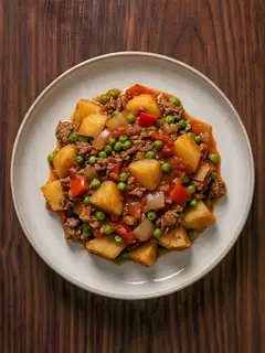 Patatas guisadas con carne picada magra y guisantes