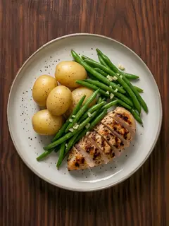 Patata cocida con pollo a la plancha y judías verdes