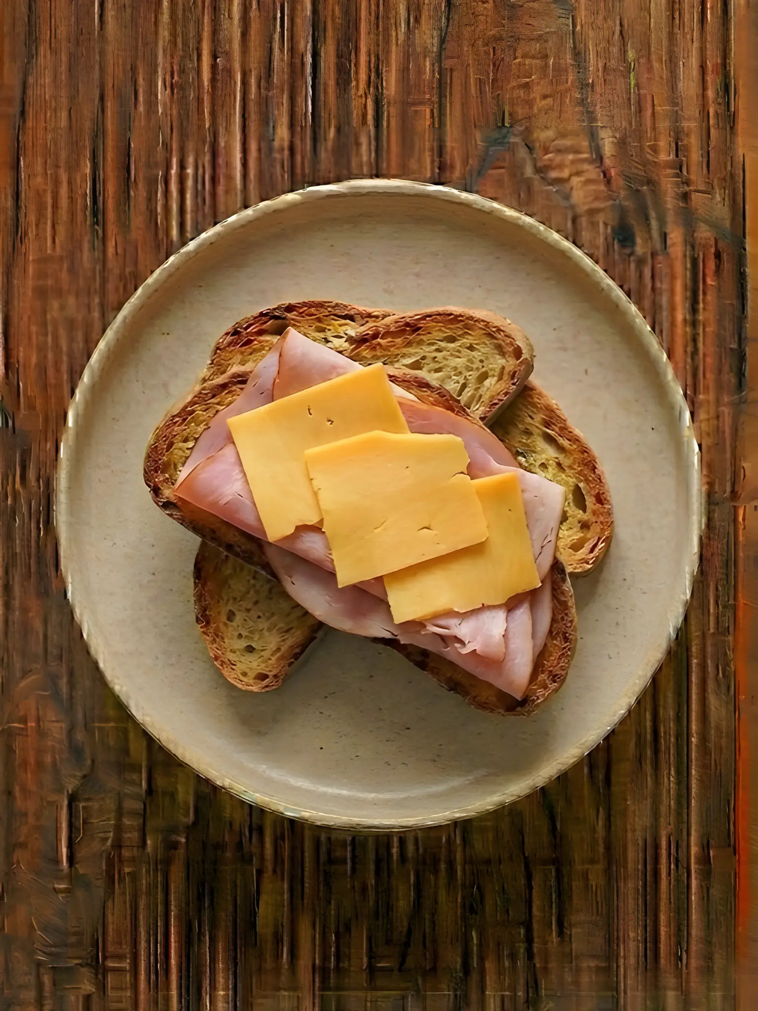 Tostada de biscotes con jamón cocido y queso