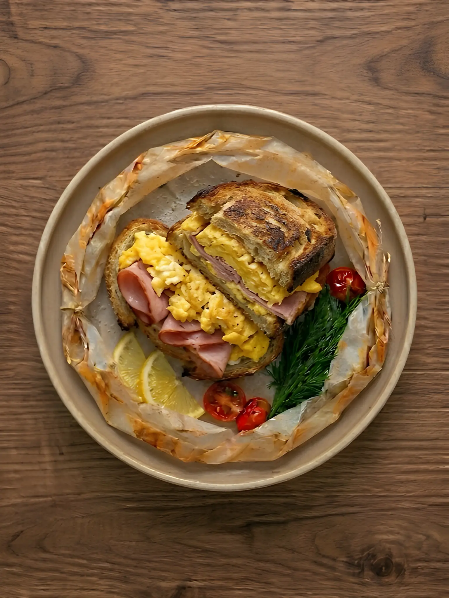 Sándwich de huevo revuelto y jamón