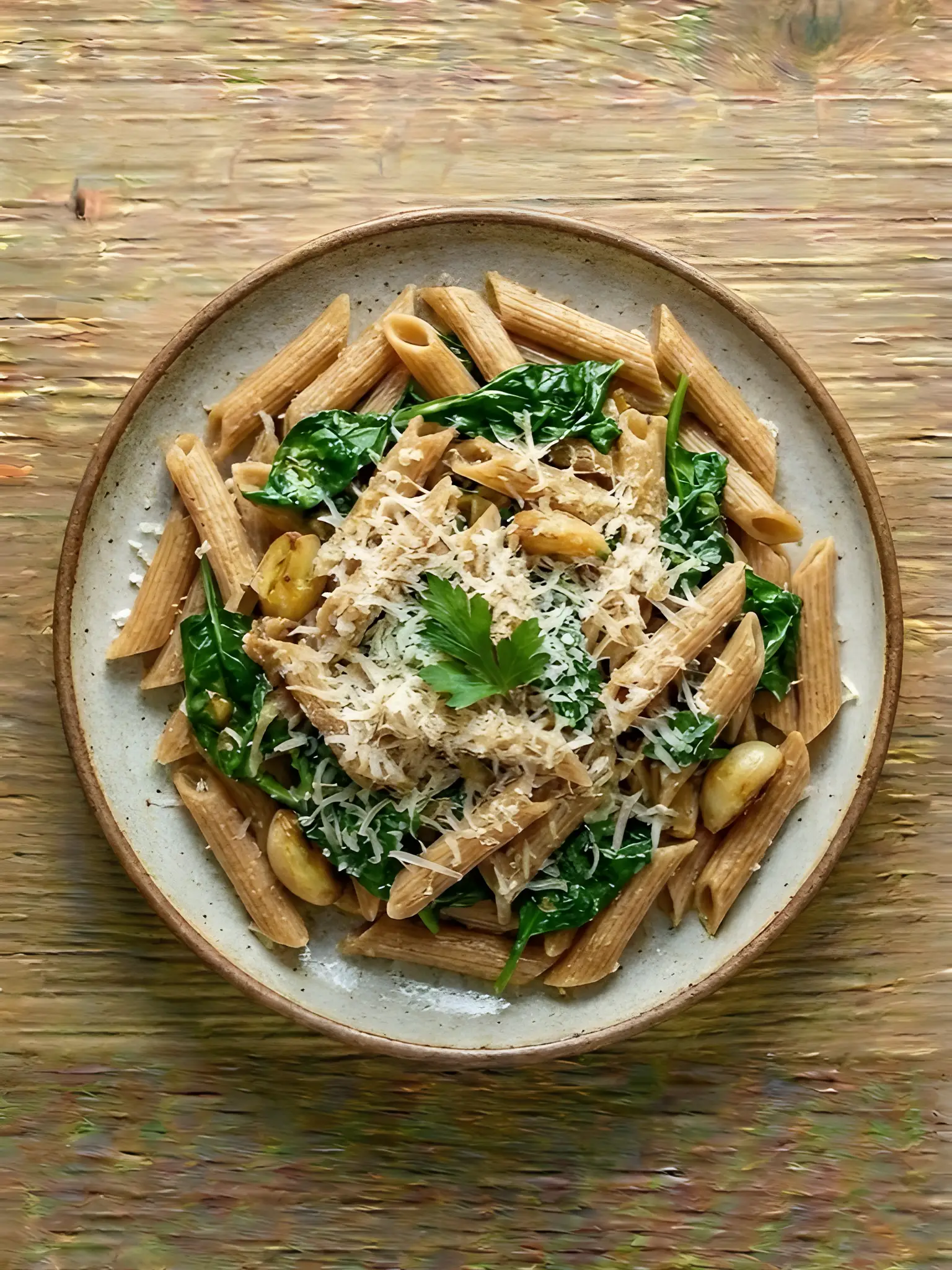 Pasta integral con espinacas y queso parmesano