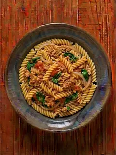 Fusilli con pavo picado y espinacas