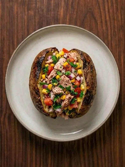 Patata asada rellena de atún y maíz