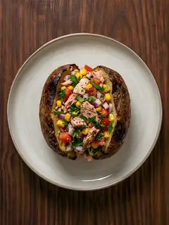 Patata asada rellena de atún y maíz