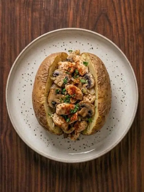 Patata rellena de pollo y champiñones