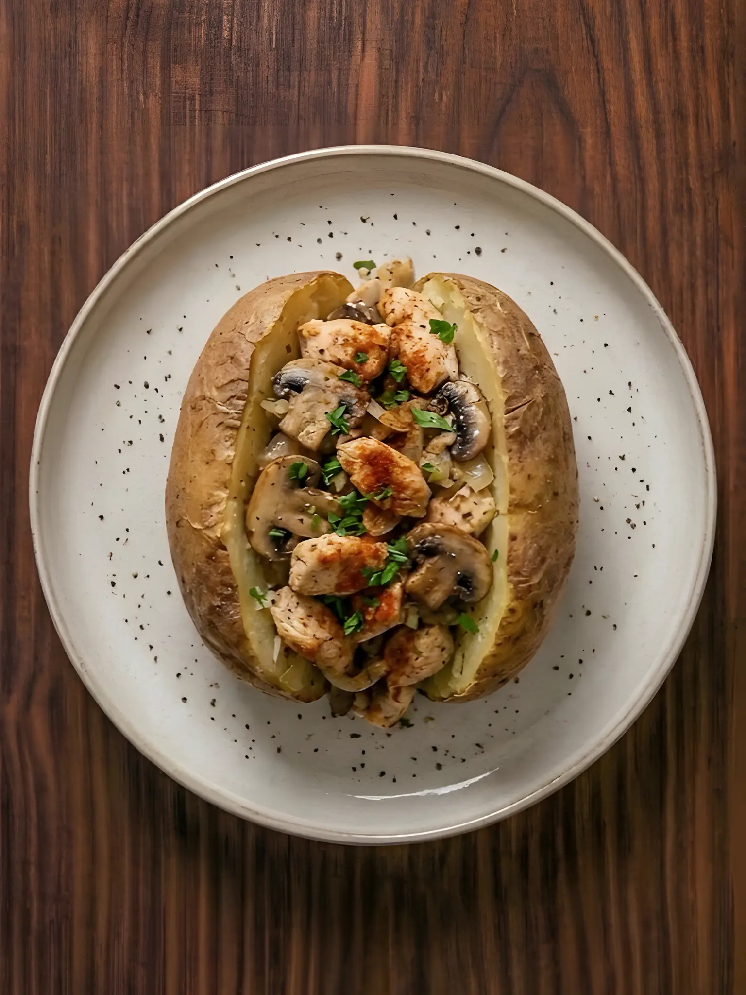 Patata rellena de pollo y champiñones