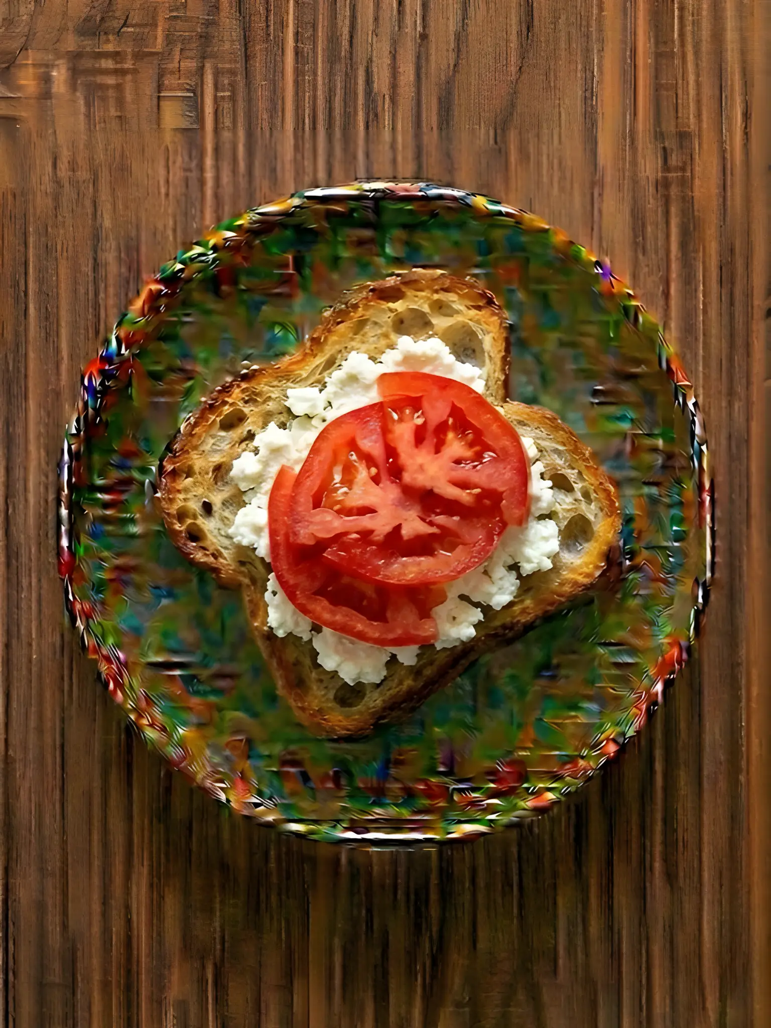 Tostada de pan de cristal con queso fresco y tomate