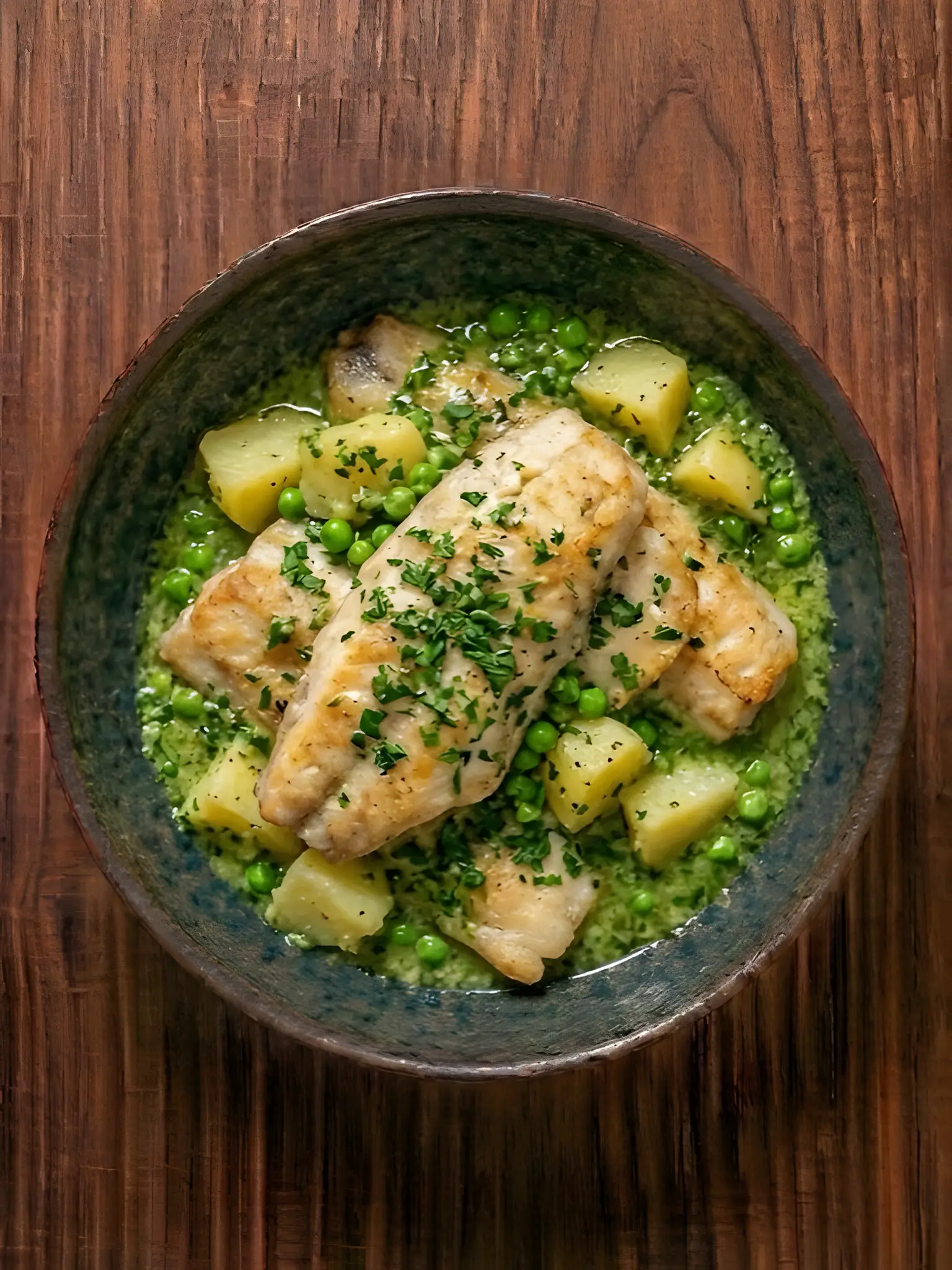 Merluza en salsa verde con patata y guisantes