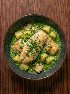 Merluza en salsa verde con patata y guisantes