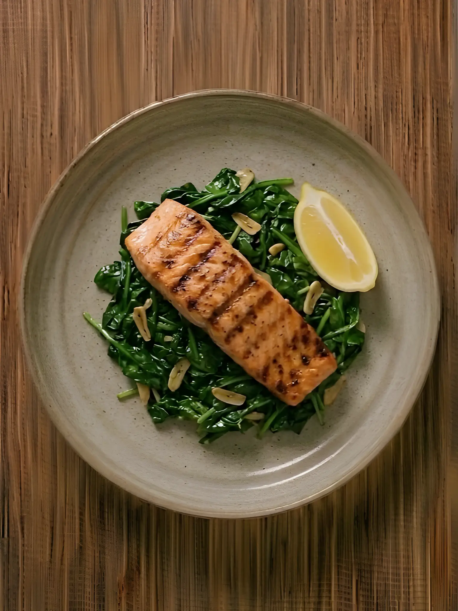 Salmón a la plancha con espinacas salteadas