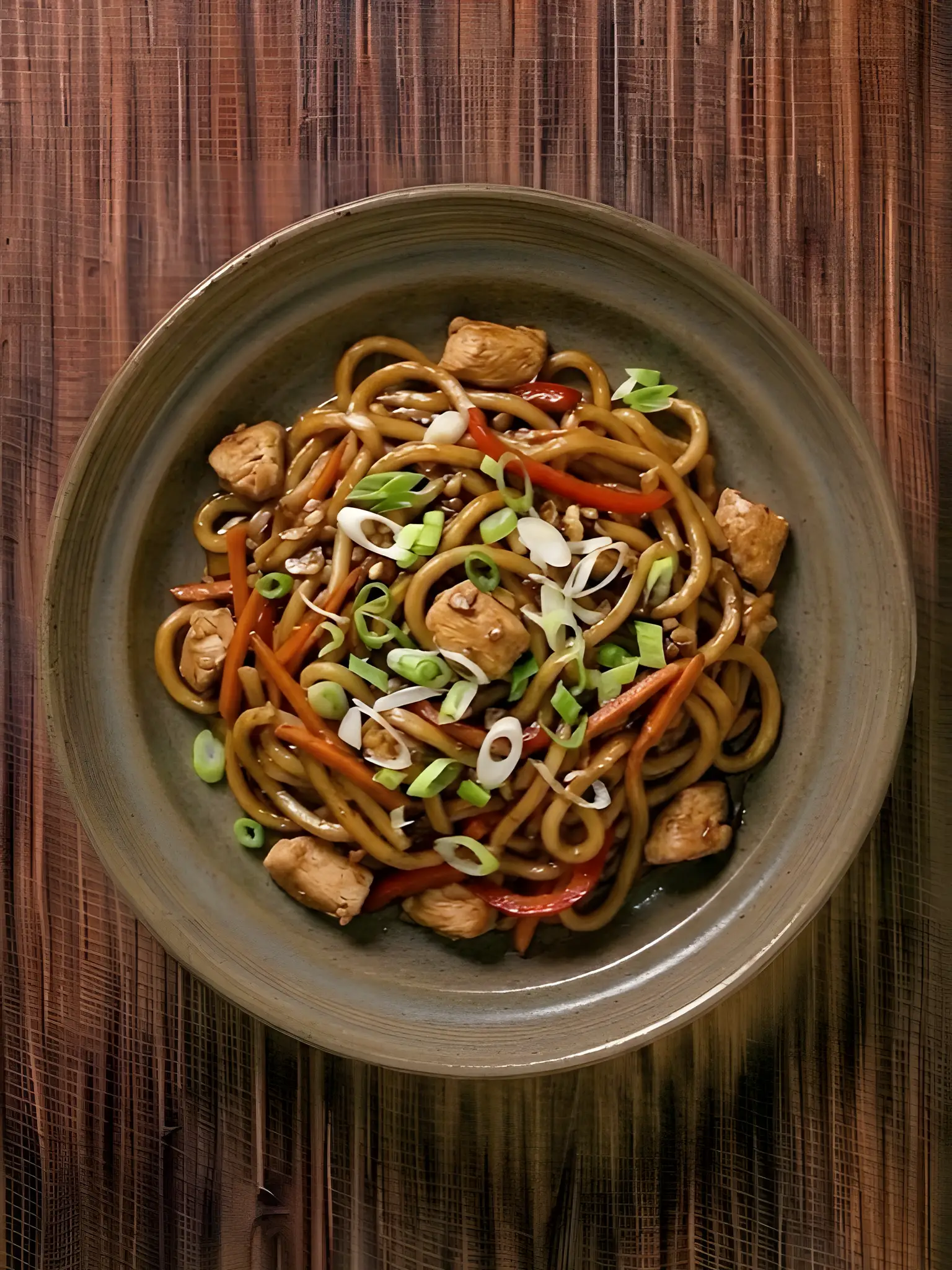 Udon salteado con pollo y verduras al wok