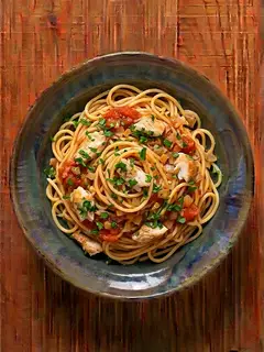 Espaguetis con merluza y tomate