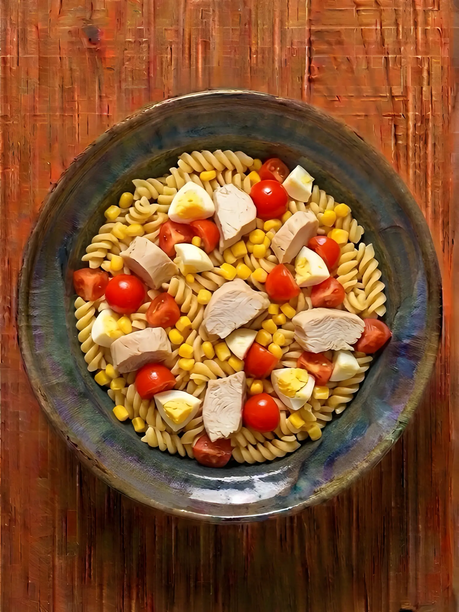 Ensalada templada de pasta con pollo, huevo y maíz