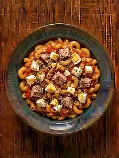 Macarrones con atún, huevo y tomate