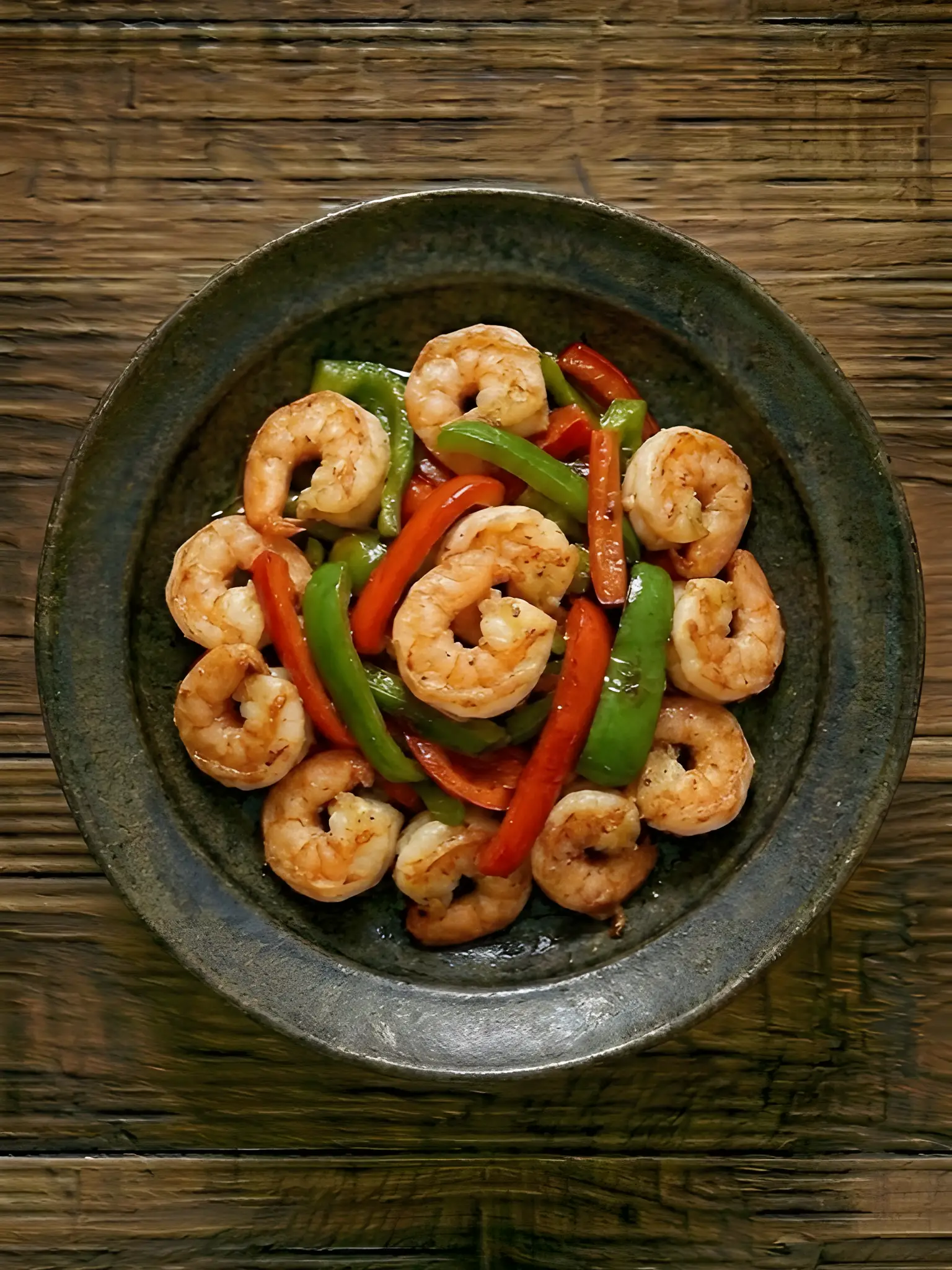 Colas de gambas salteadas con pimientos