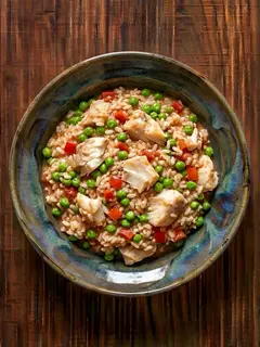 Arroz meloso con merluza y guisantes