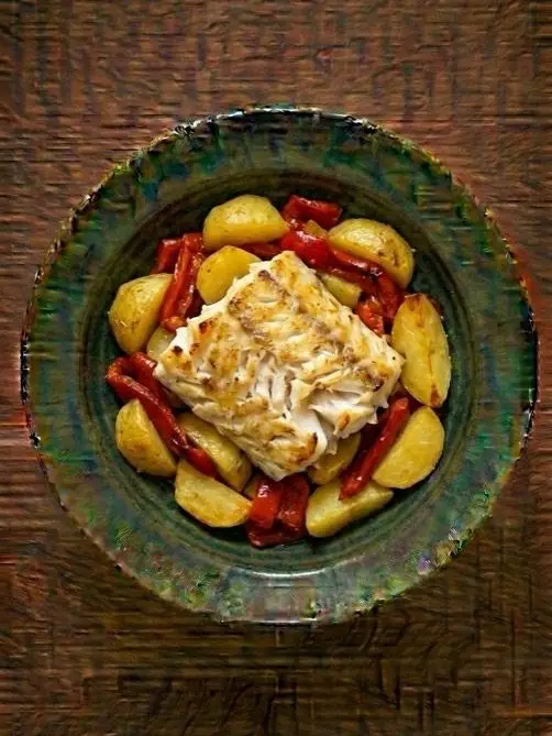 Merluza al horno con patata y verduras