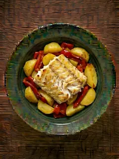 Merluza al horno con patata y verduras