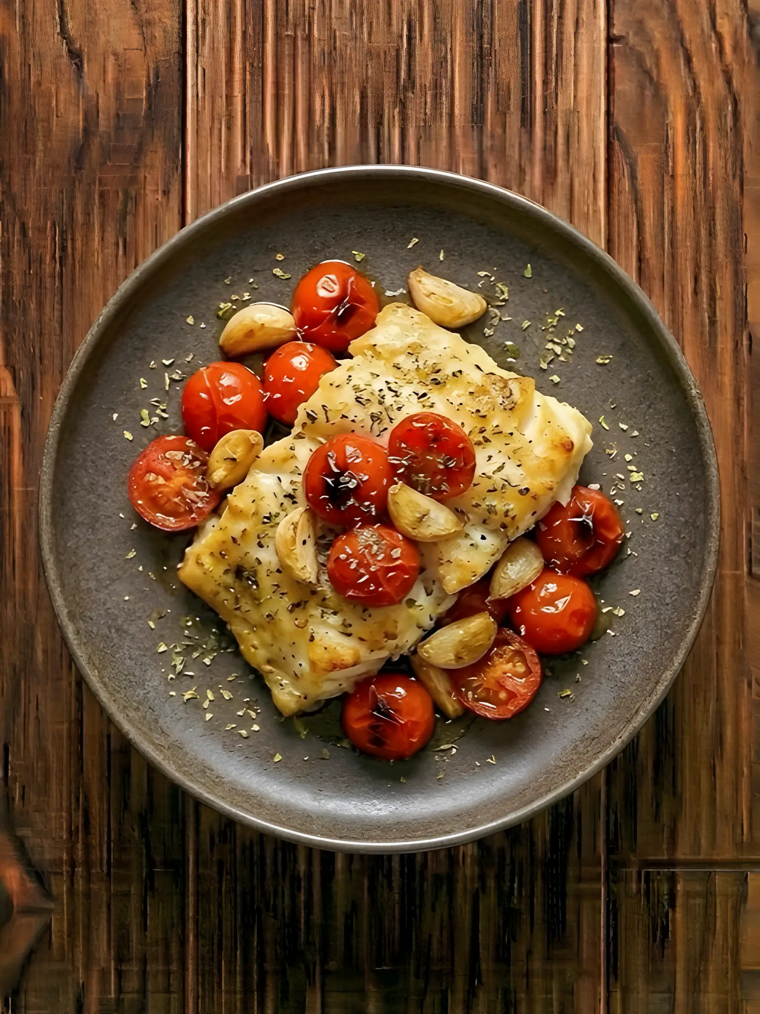Bacalao al horno con tomates y aceitunas