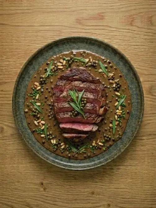 Entrecot con Salsa de Pimienta y Pimiento Salteado