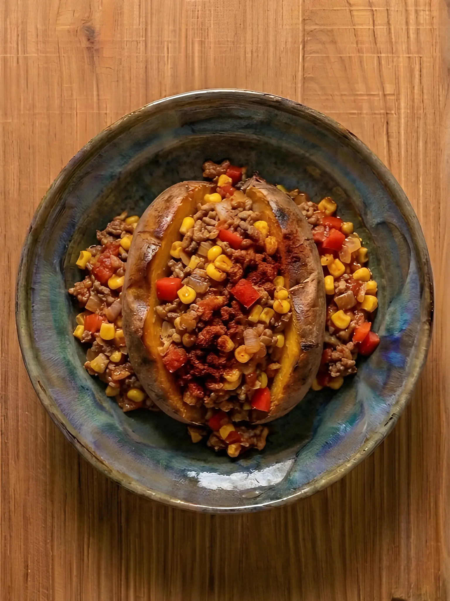 Boniato relleno de ternera picada magra y maíz