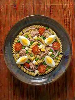 Fusilli con atún, huevo y guisantes