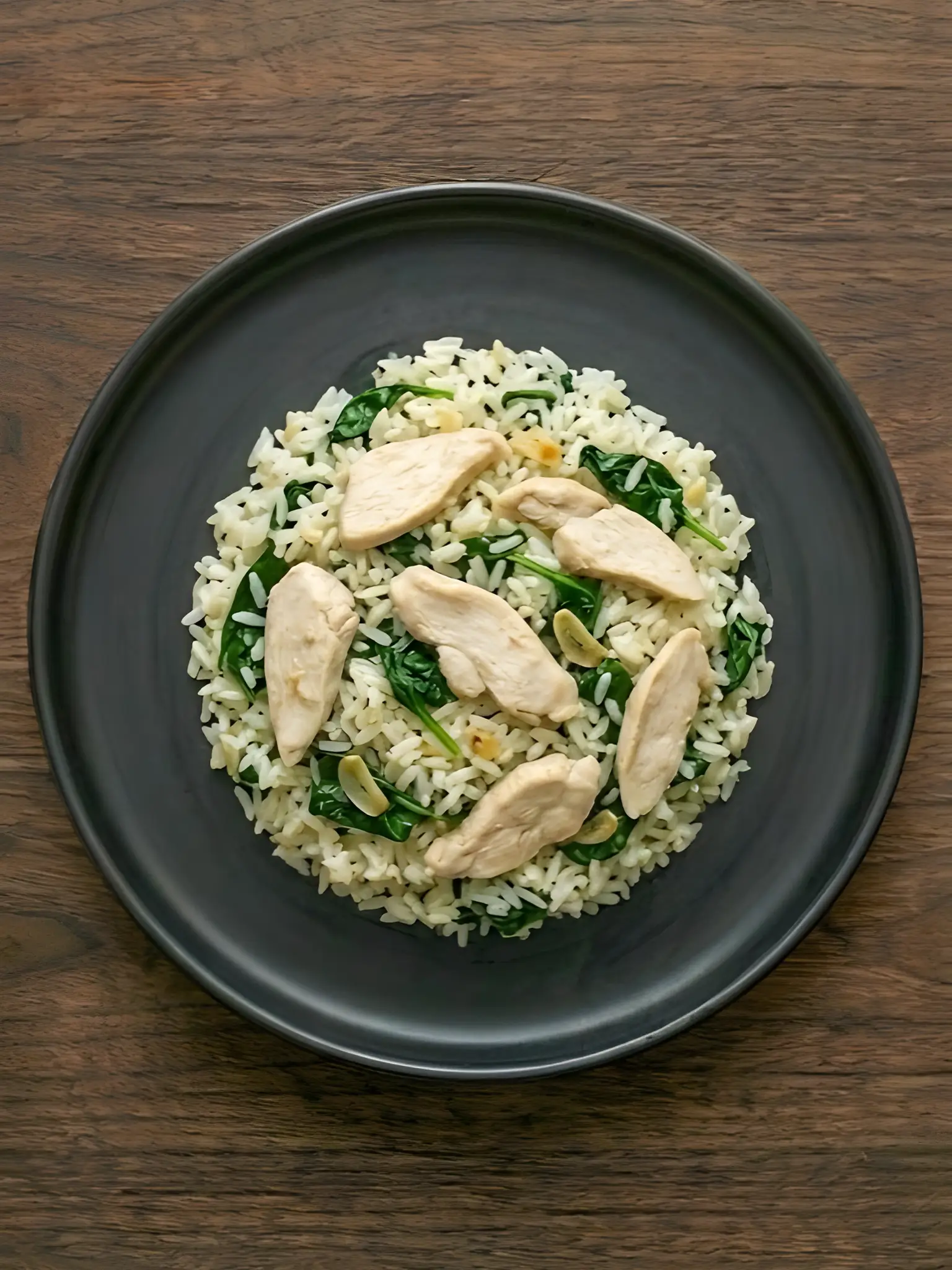 Arroz con pollo y espinacas al limón