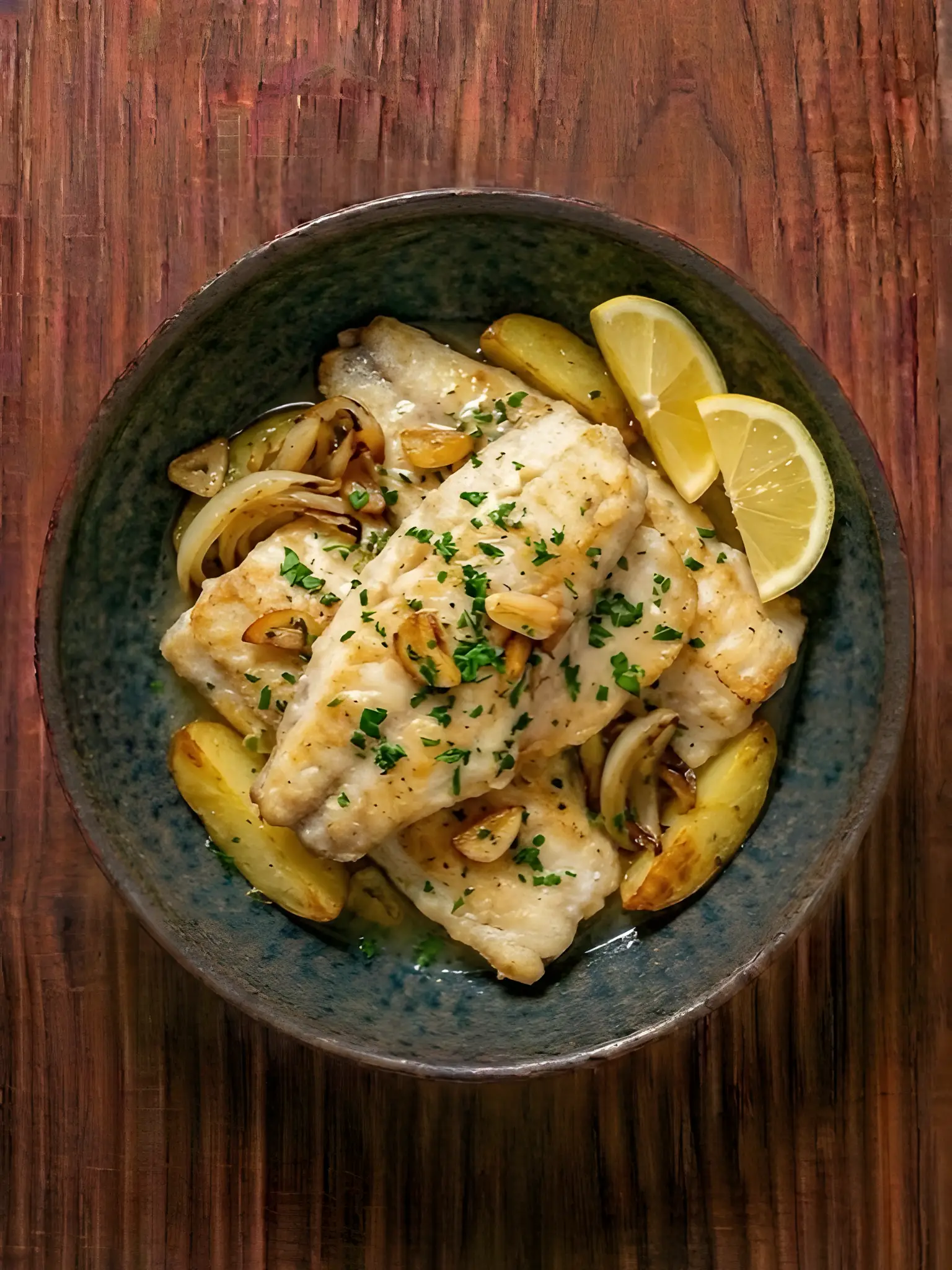 Merluza al horno con patata y cebolla