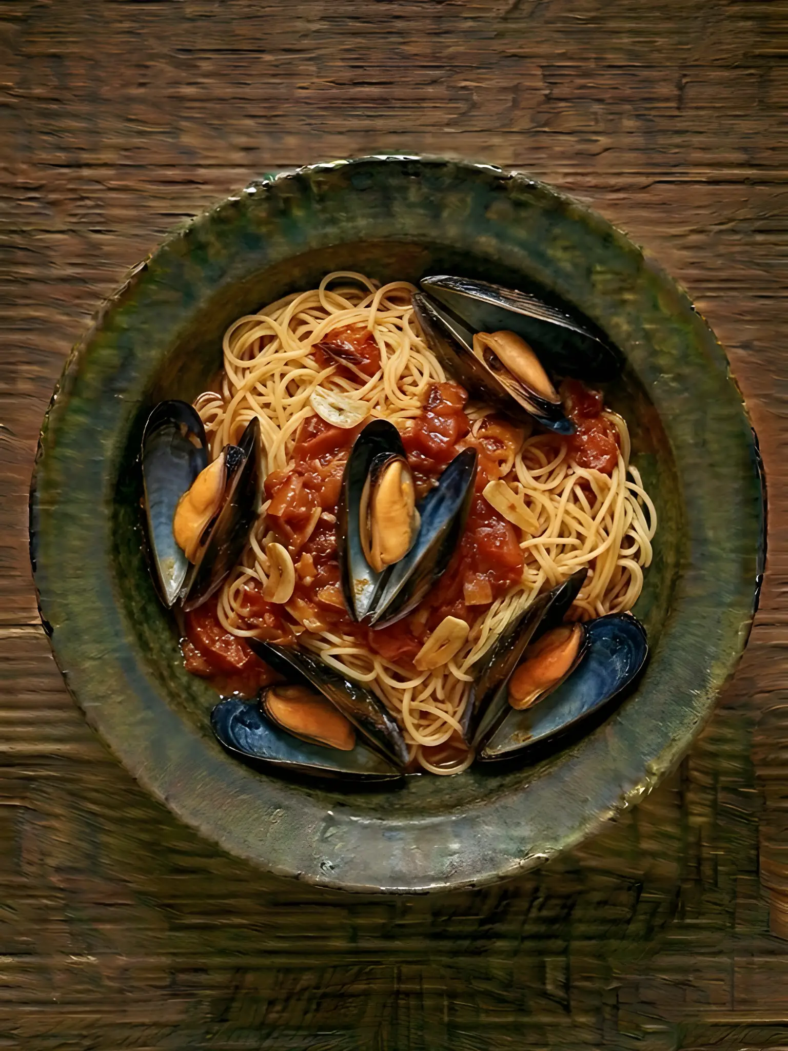 Fideos con mejillones y tomate