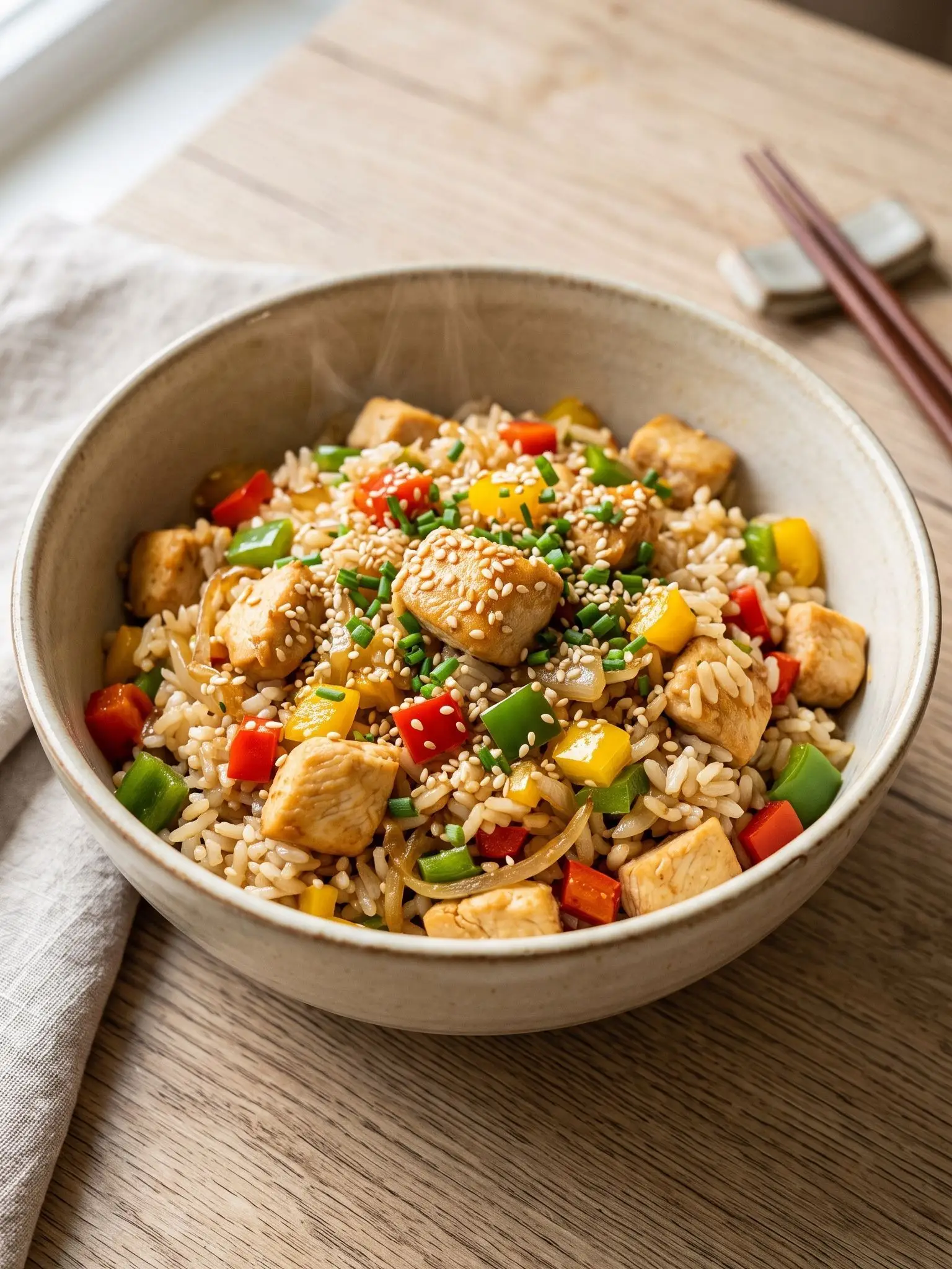 Arroz salteado con pollo y pimientos tricolor