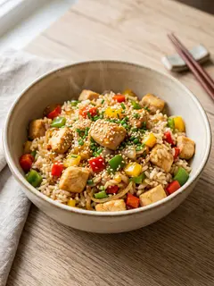 Arroz salteado con pollo y pimientos tricolor