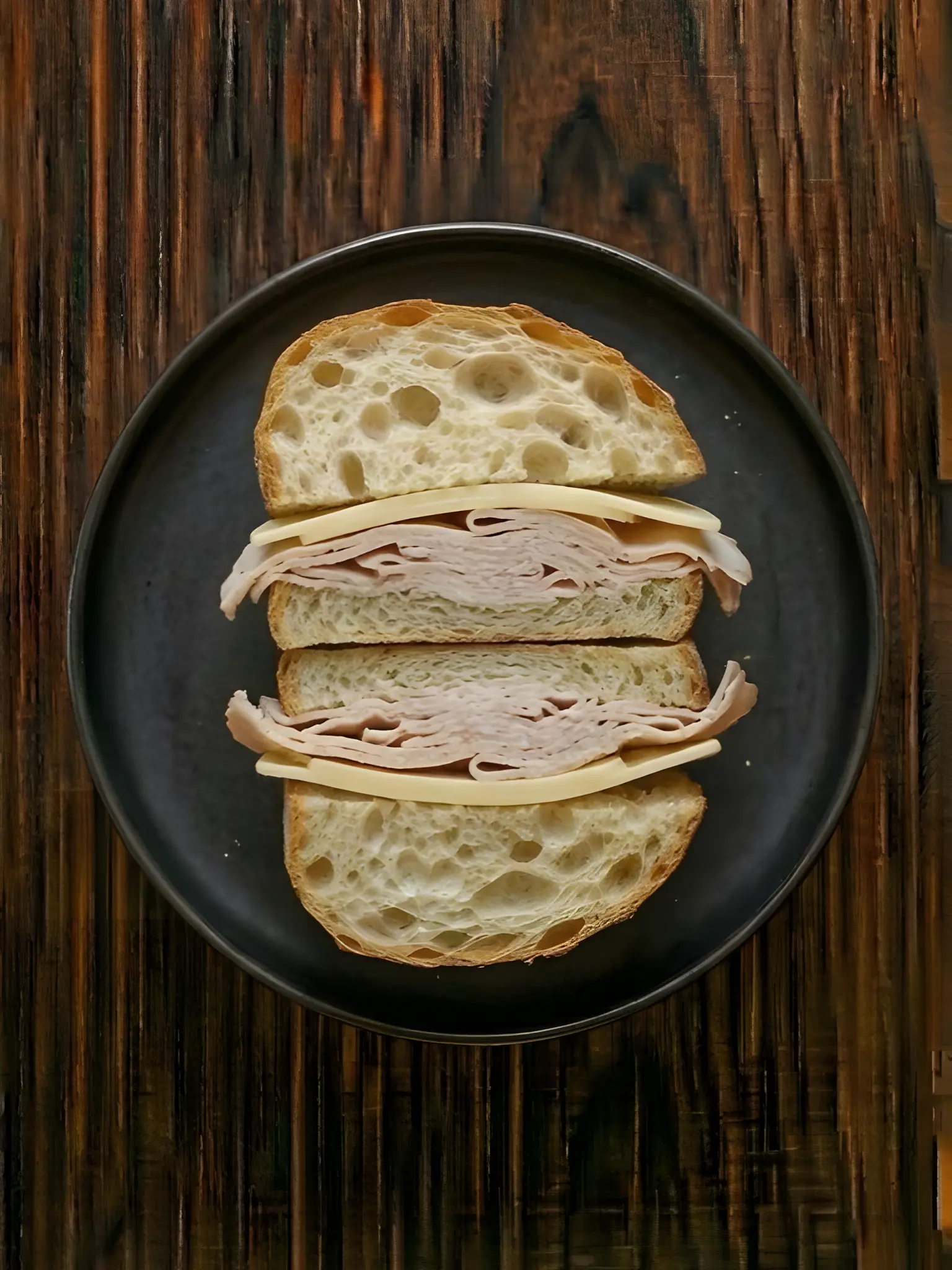 Bocadillo de pan de cristal con pavo y queso
