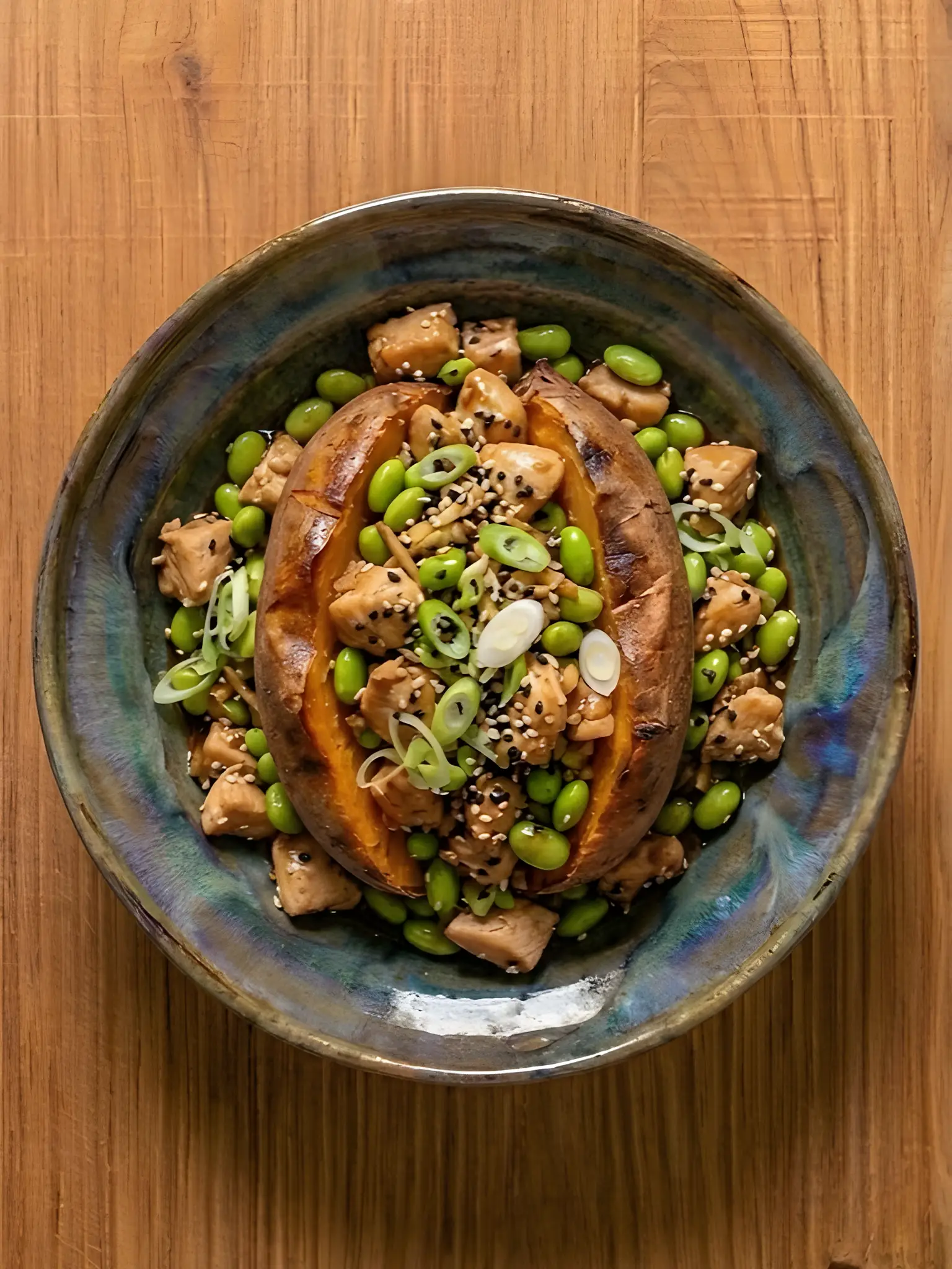 Boniato con pollo teriyaki y edamame