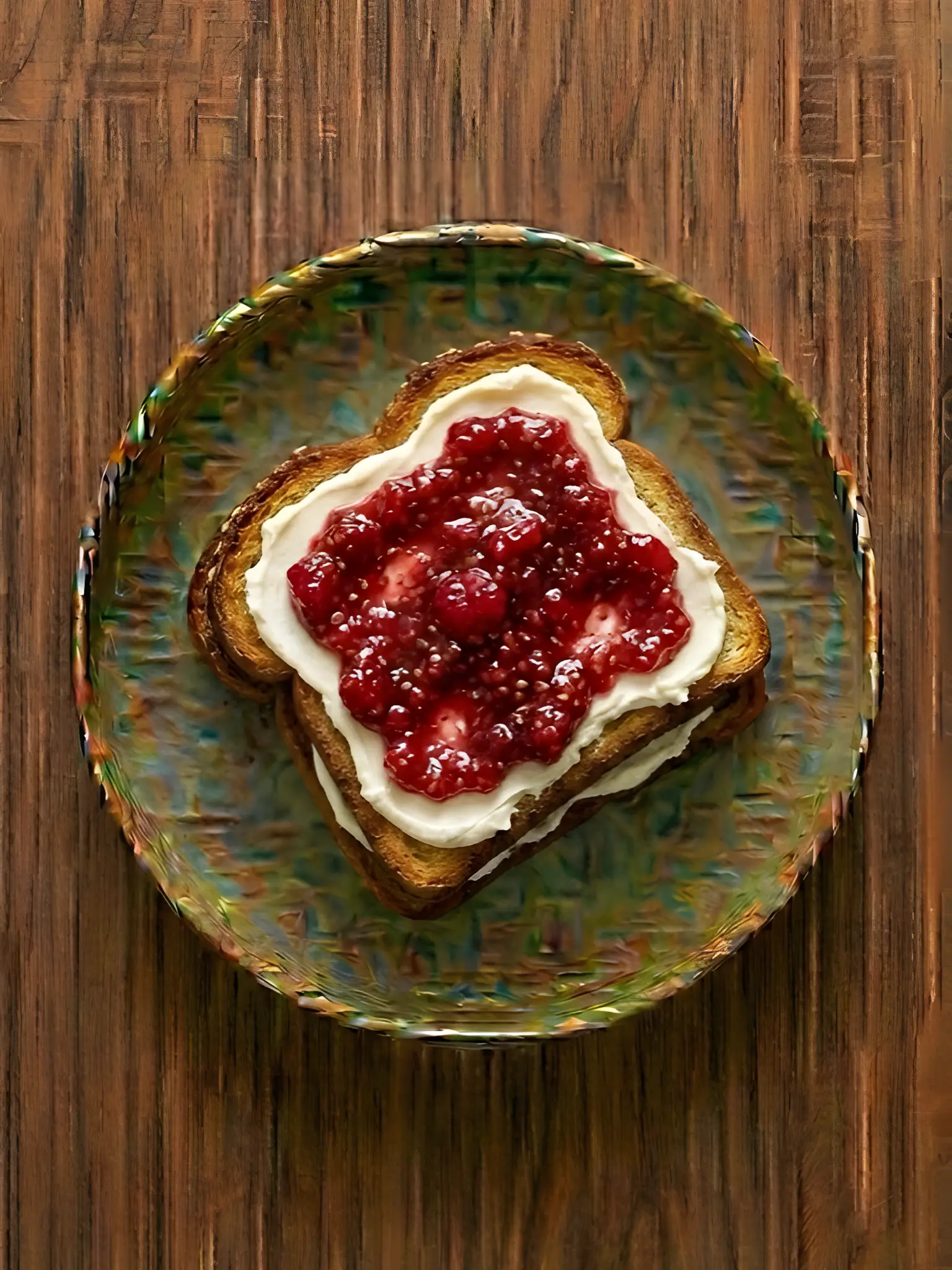 Tostada de pan brioche con queso crema y mermelada