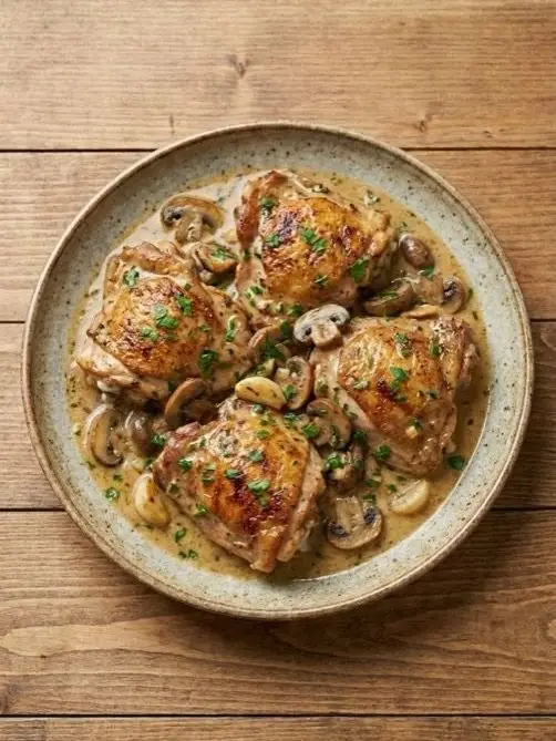 Muslos de pollo al ajillo con champiñones
