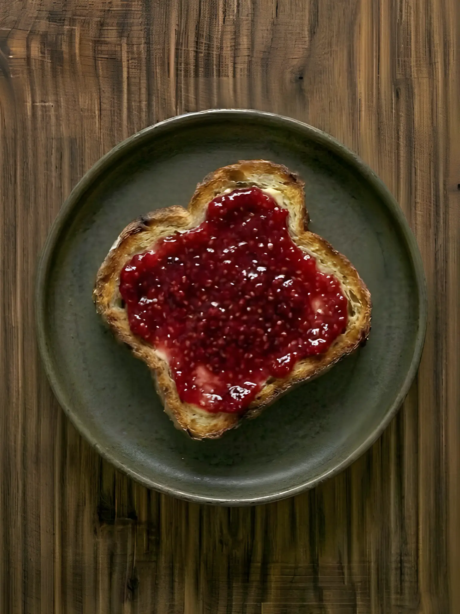 Tostada de pan de molde con mermelada de frambuesa