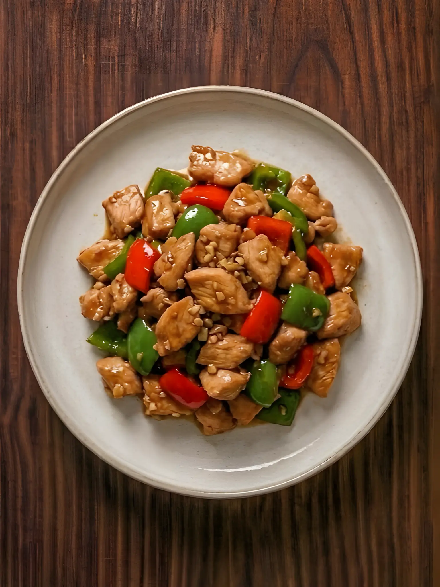 Pavo picado salteado con pimientos y soja