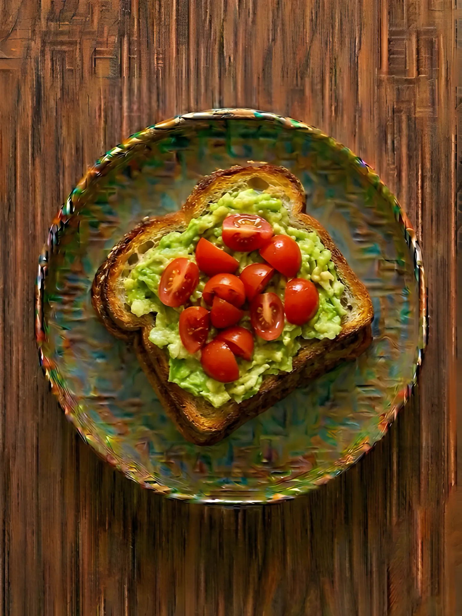 Tostada de pan de cristal con aguacate y tomate