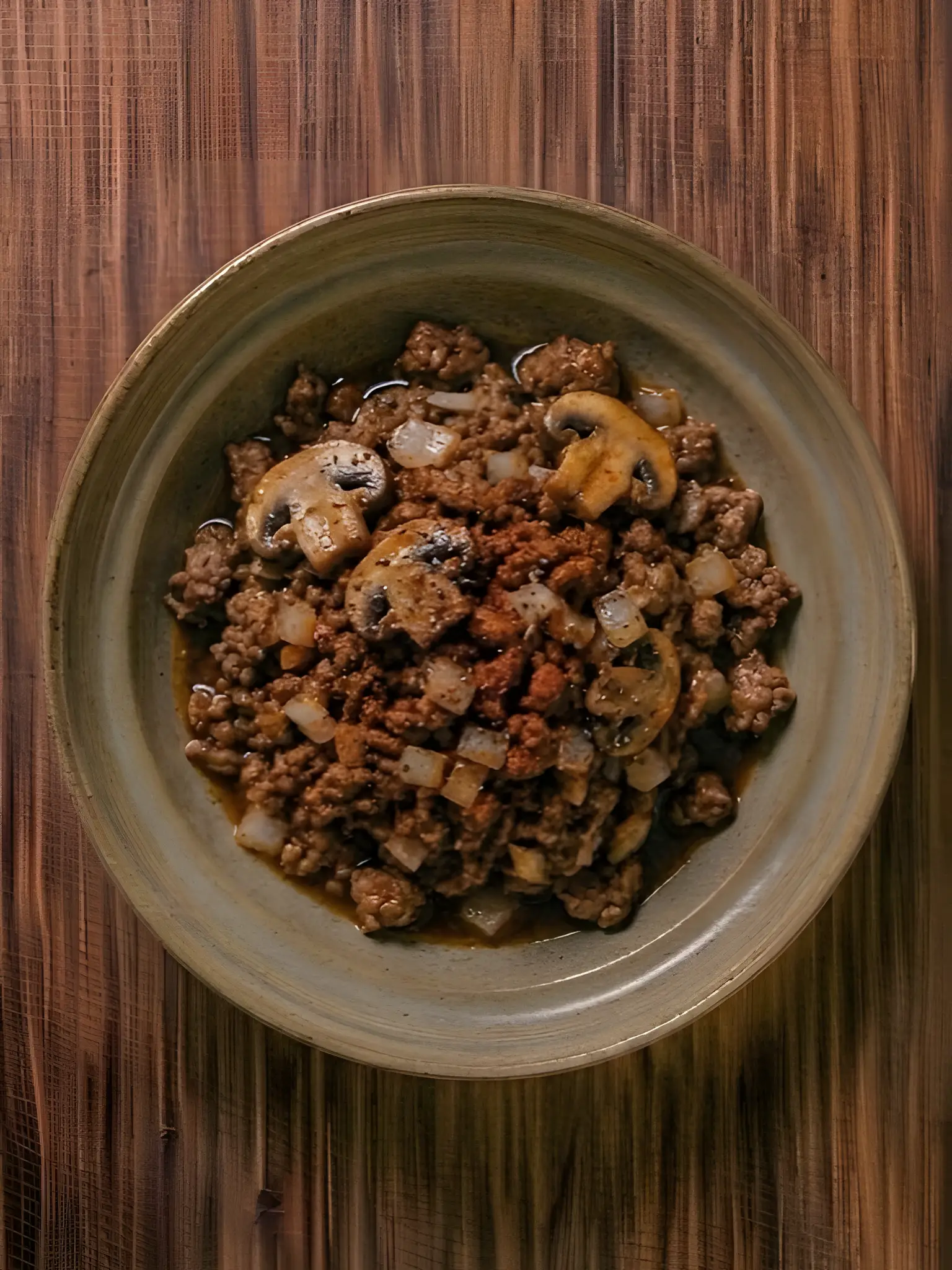 Ternera picada con champiñones y cebolla
