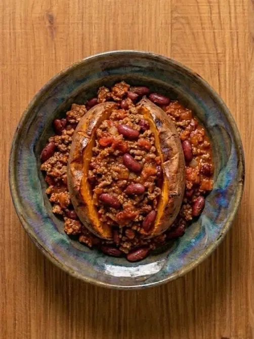 Boniato con carne picada magra estilo chili
