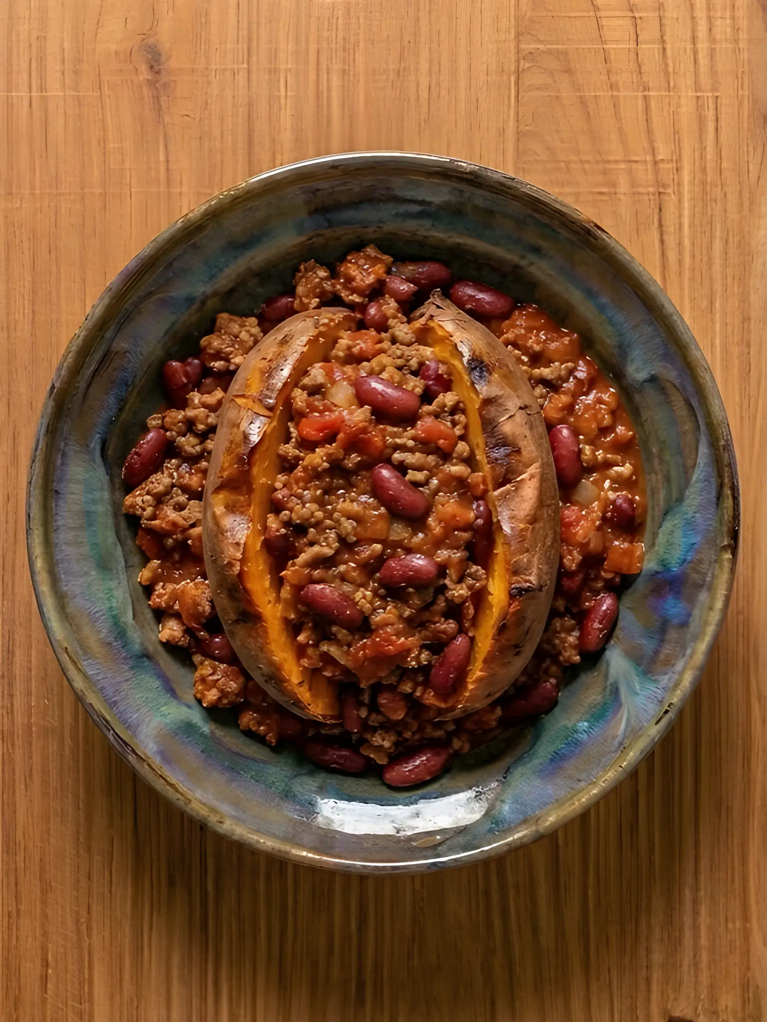 Boniato con carne picada magra estilo chili