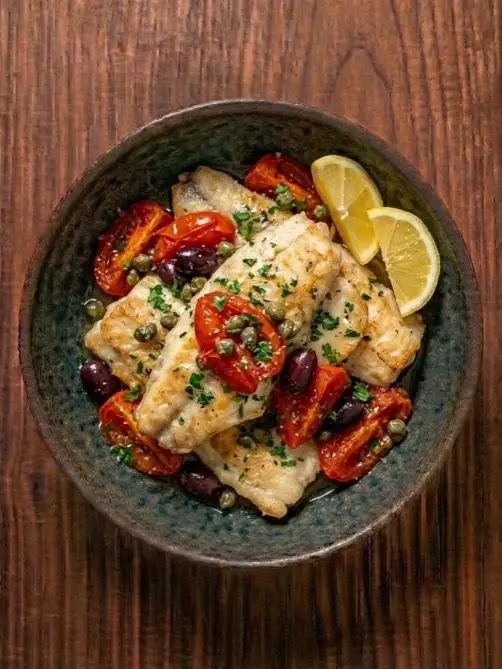 Merluza al horno con tomates
