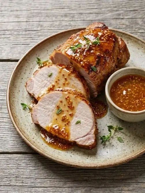 Lomo de cerdo al horno con miel y mostaza