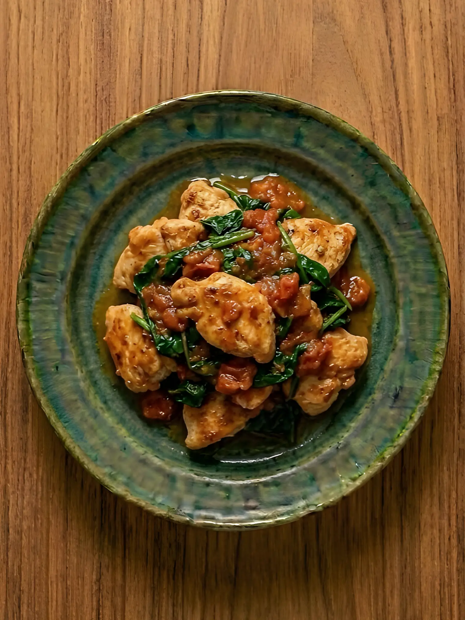 Pollo con espinacas y tomate a la sarten