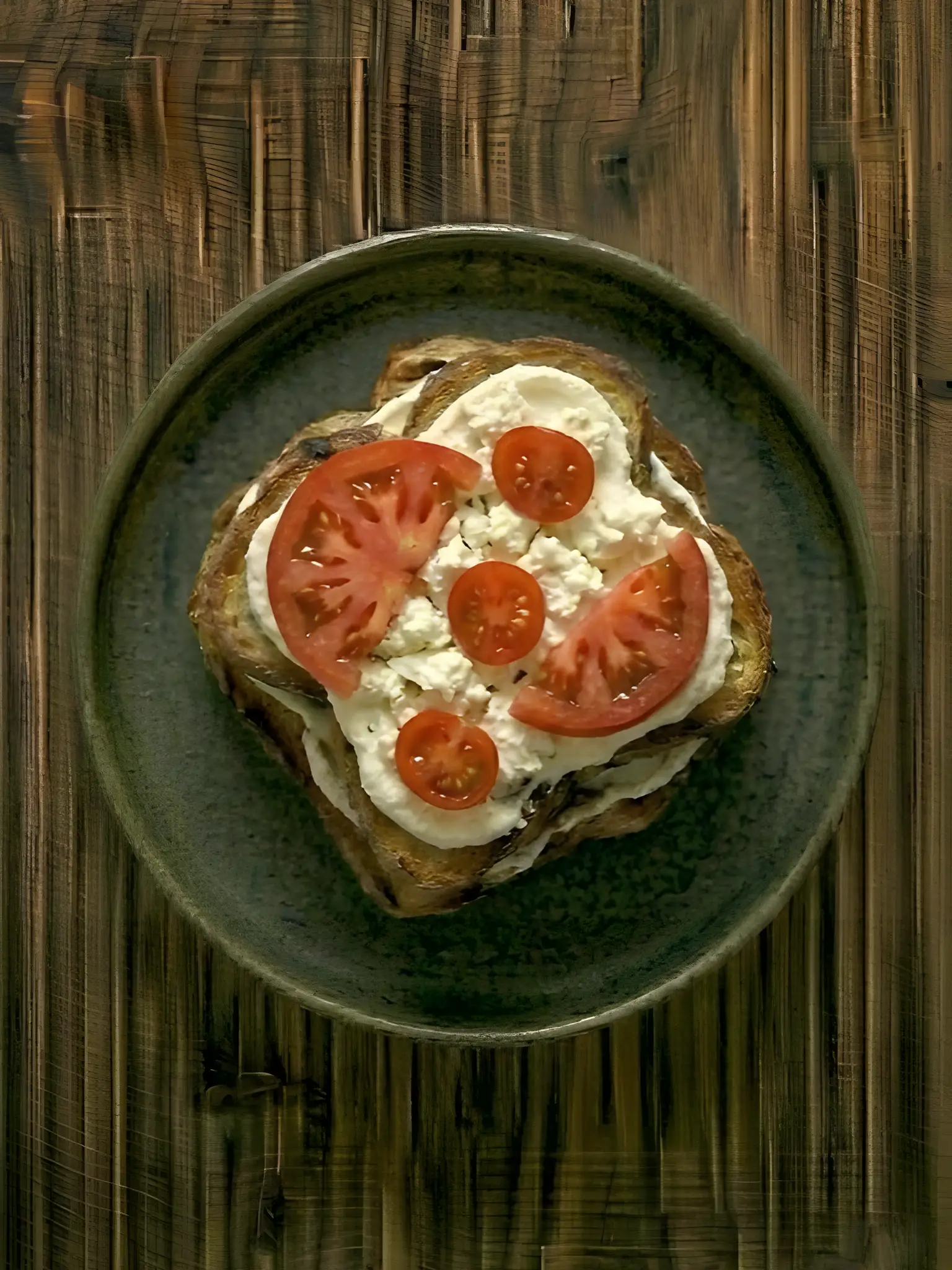 Tostada de pan de molde con queso fresco y tomate