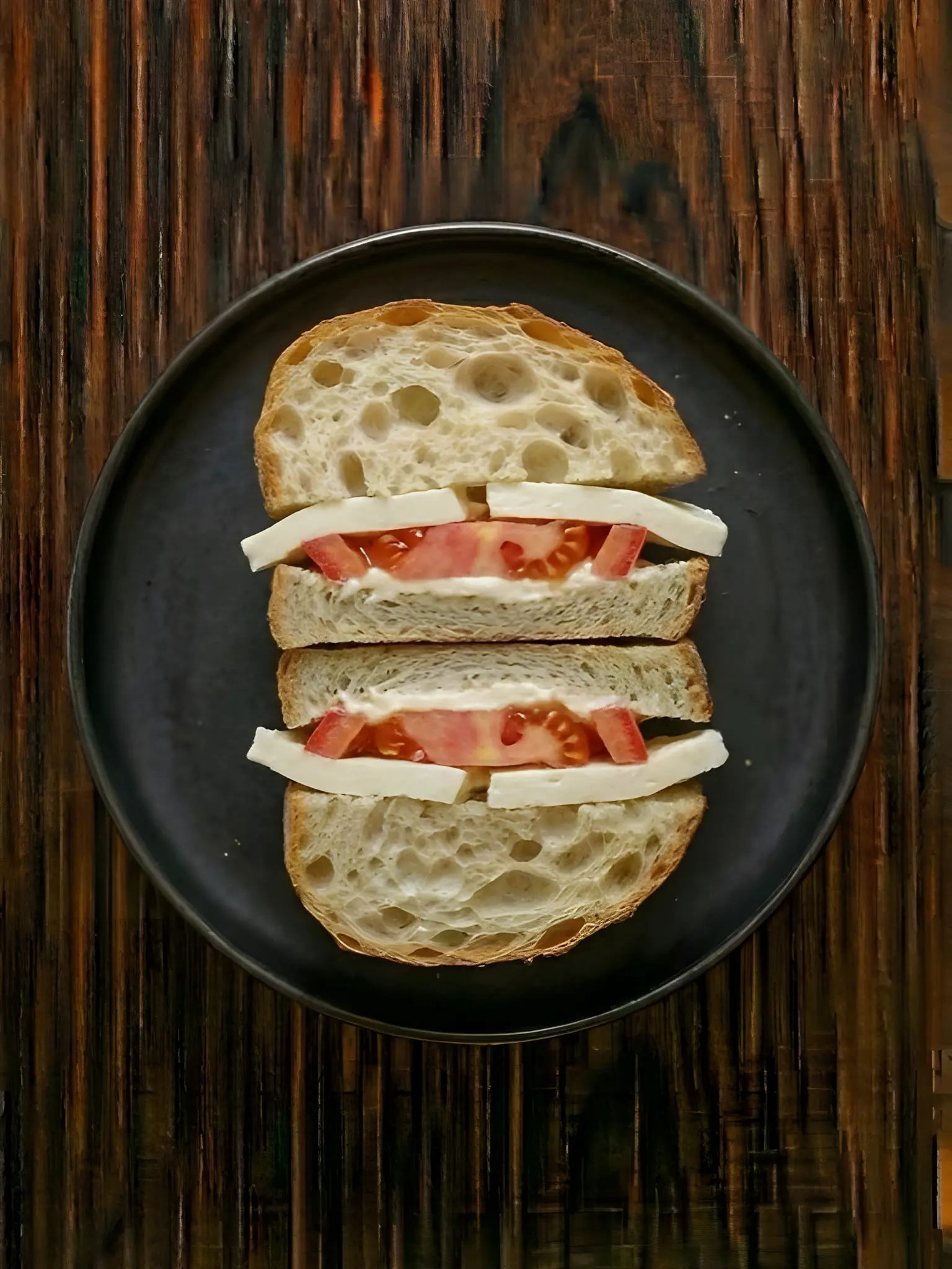 Bocadillo de pan de cristal con queso fresco y tomate