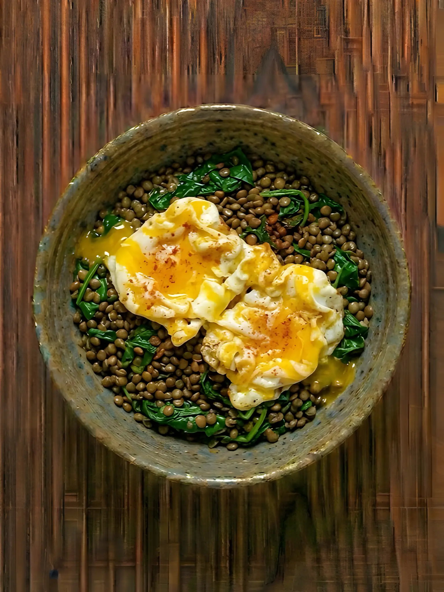 Lentejas salteadas con huevo y espinacas