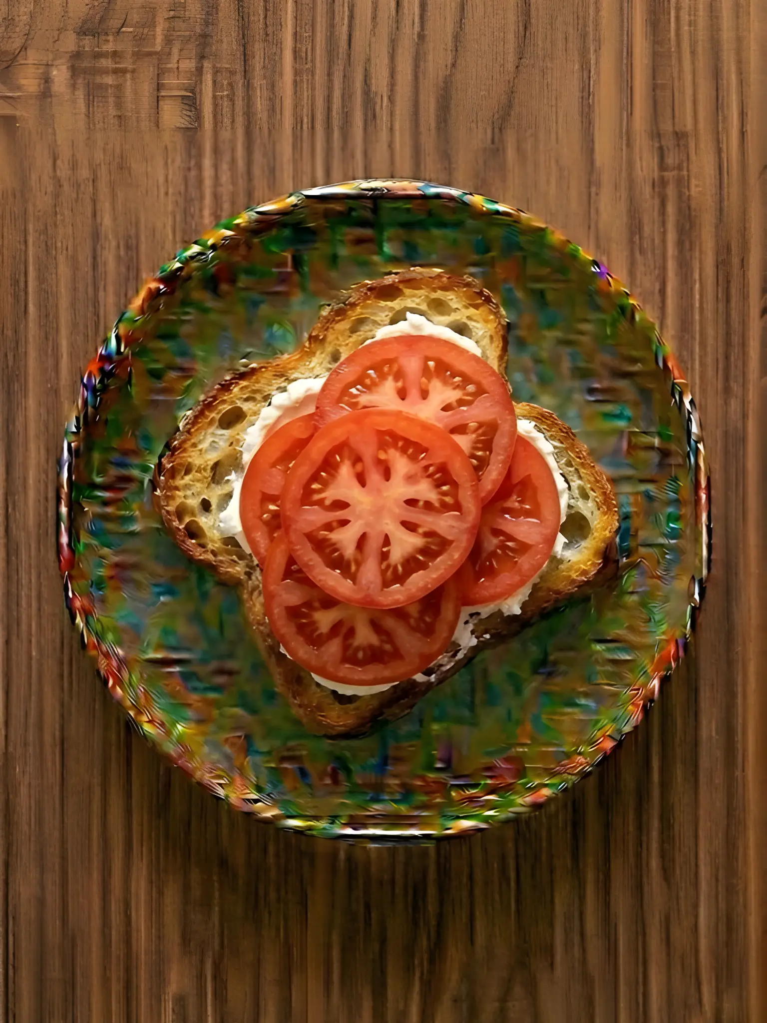 Tostada de pan de cristal con queso crema y tomate