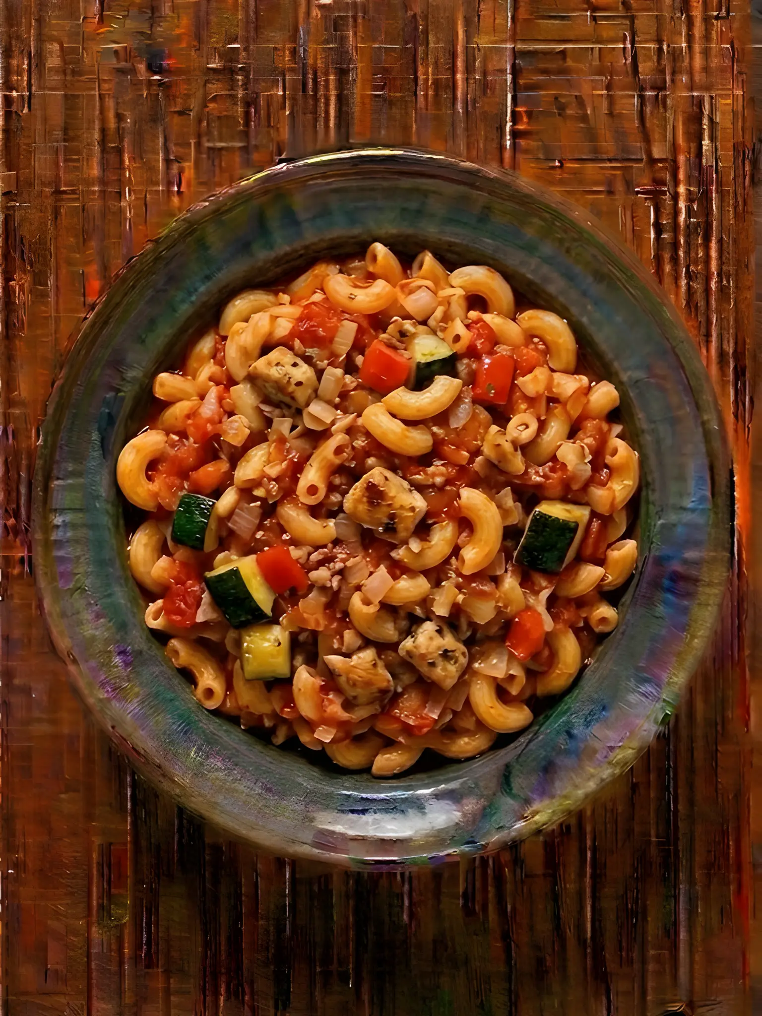 Macarrones con pollo y verduras salteadas